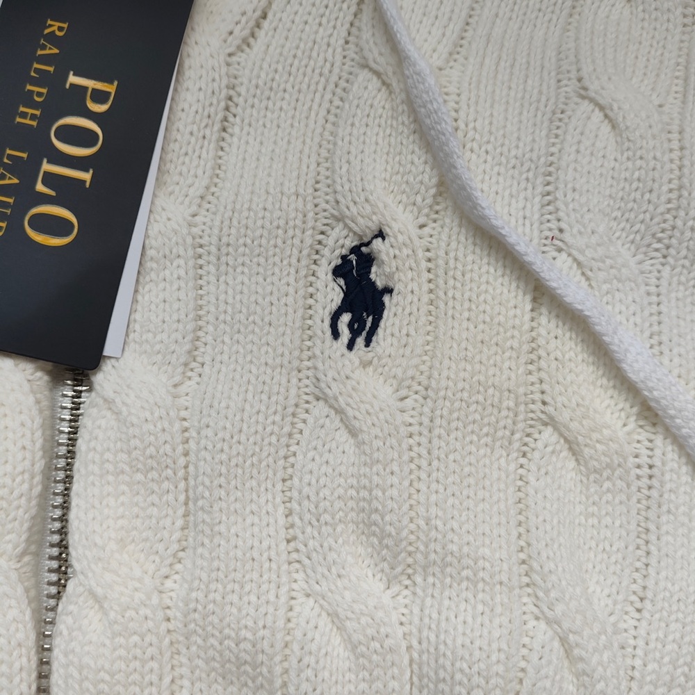 Ralph Lauren Cream Cable Knit Zip-Up Hoodie with Navy Pony Logo - Picture 3 of 7